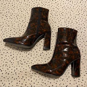 Tortoise Shell Boots | Vinyl Pointy Heeled Zip-Up Shiny Boots Black Brown